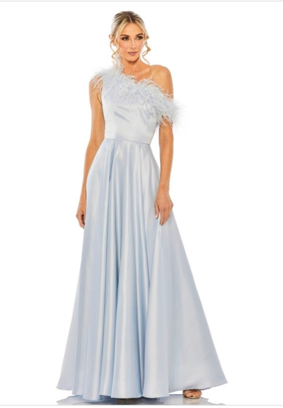 Mac Duggal Blue Asymmetrical Neckline Feather Prom Dress Size 6 Style 11684 NEW